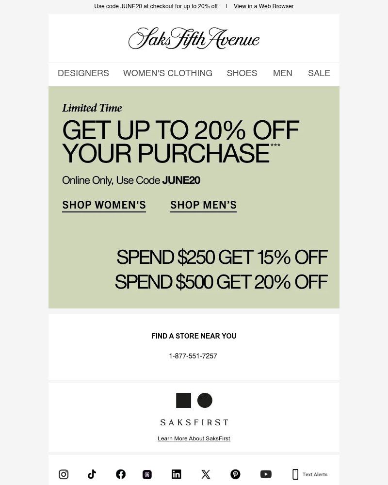 Screenshot of email sent to a Saks Fifth Avenue Newsletter subscriber
