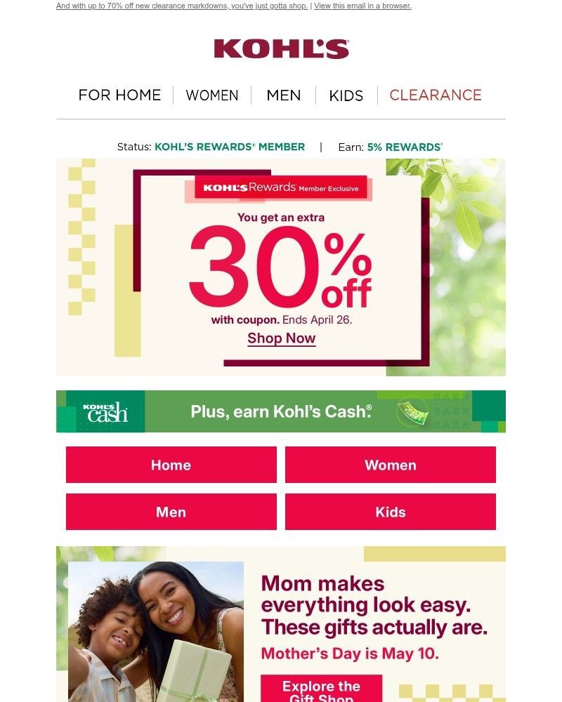 Screenshot of email sent to a Kohls Registered user
