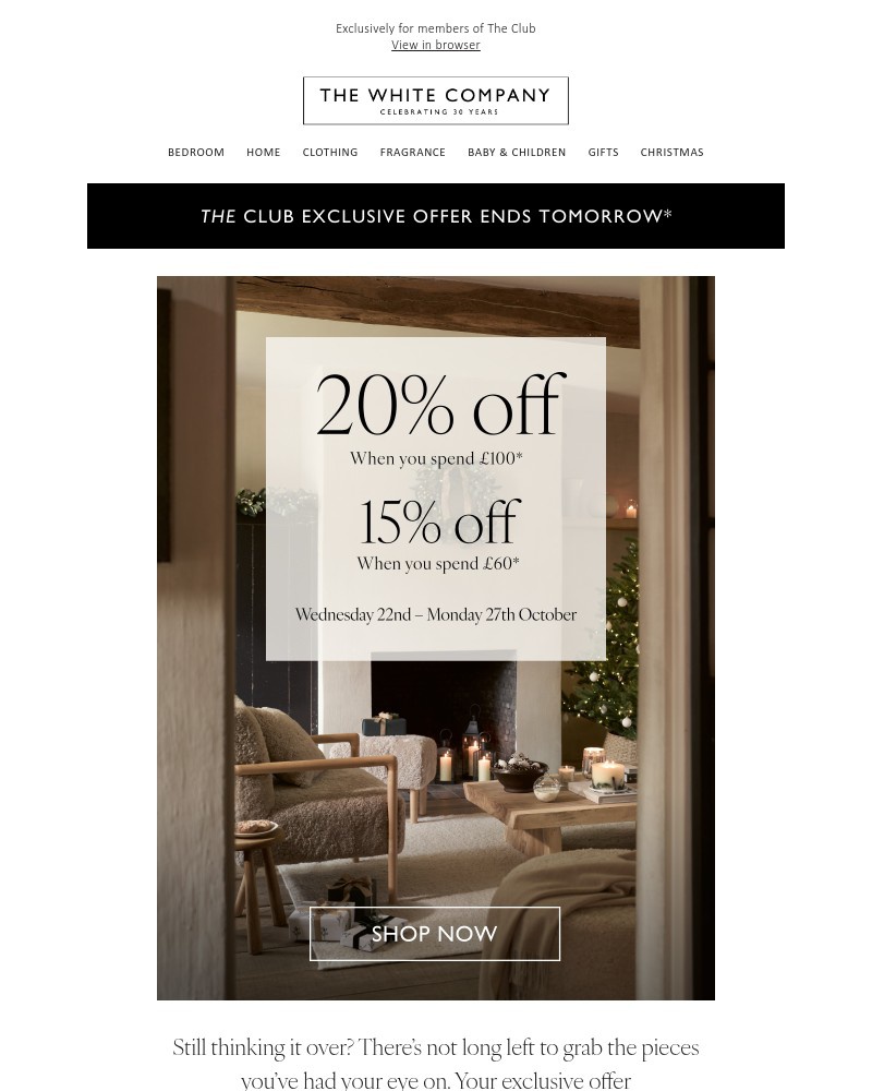 Screenshot of email sent to a The White Company Cart abandoner