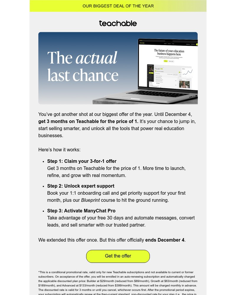 Screenshot of email sent to a Teachable Registered user