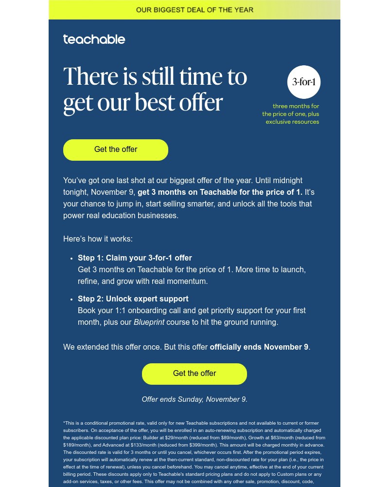 Screenshot of email sent to a Teachable Registered user