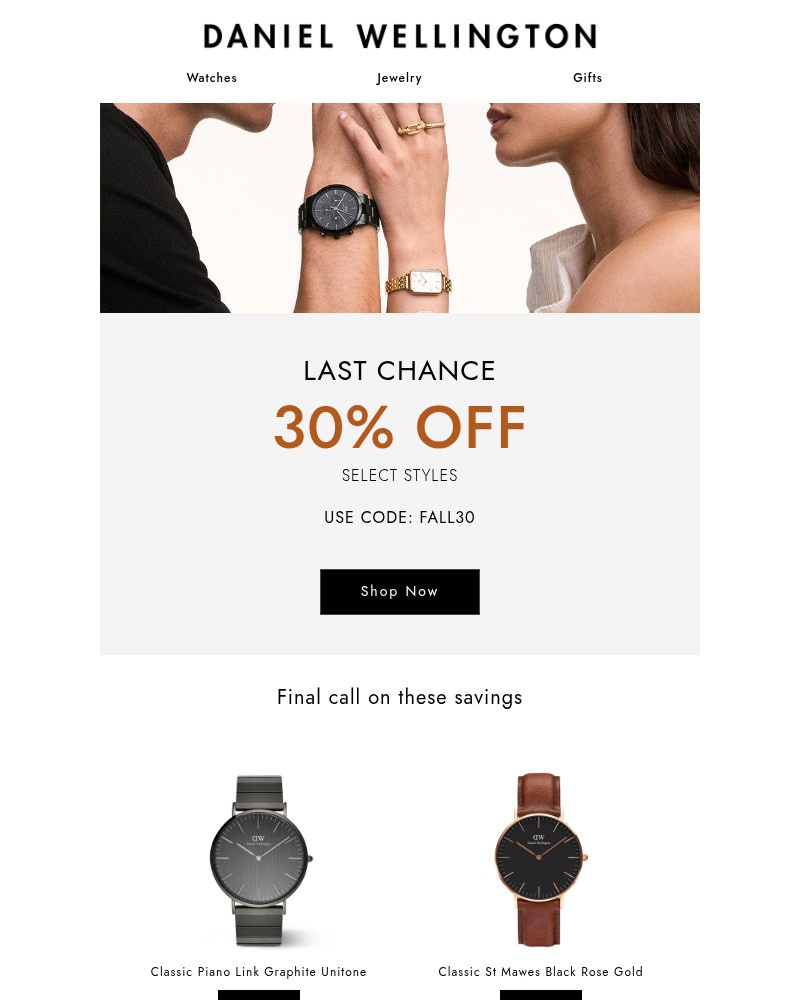 Screenshot of email sent to a Daniel Wellington Newsletter subscriber