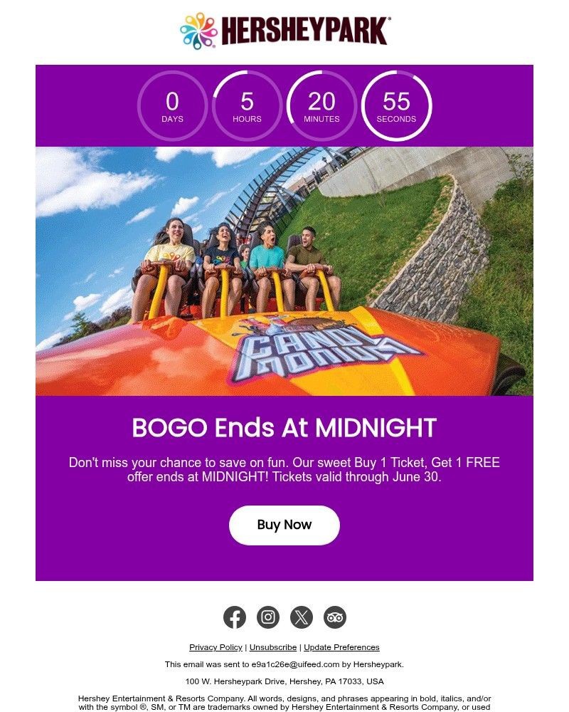 Screenshot of email sent to a Hershey Park Newsletter subscriber