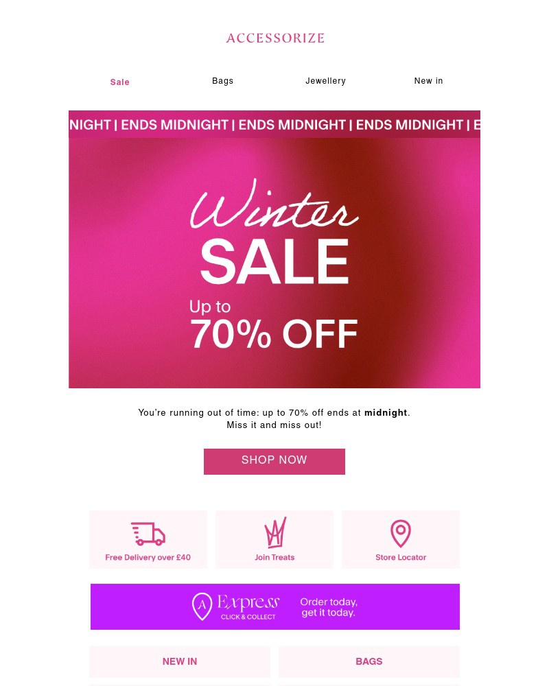 Screenshot of email sent to a Accessorize Newsletter subscriber
