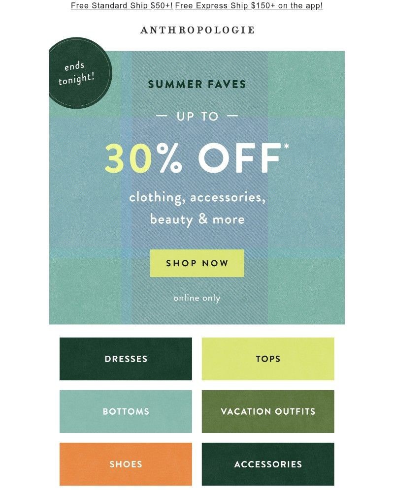 Screenshot of email sent to a Anthropologie Newsletter subscriber