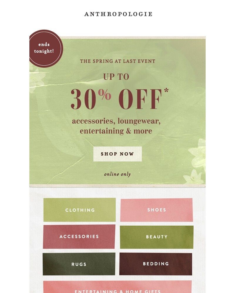 Screenshot of email sent to a Anthropologie Newsletter subscriber