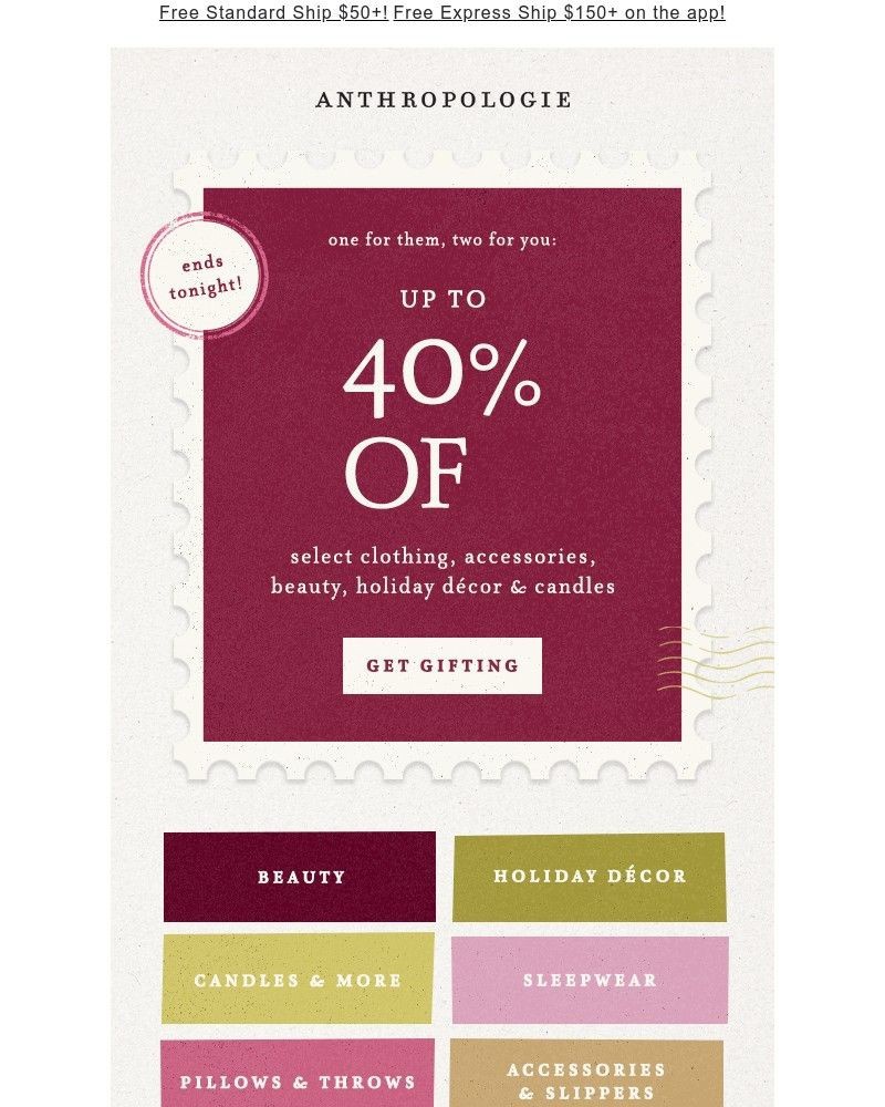Screenshot of email sent to a Anthropologie Newsletter subscriber