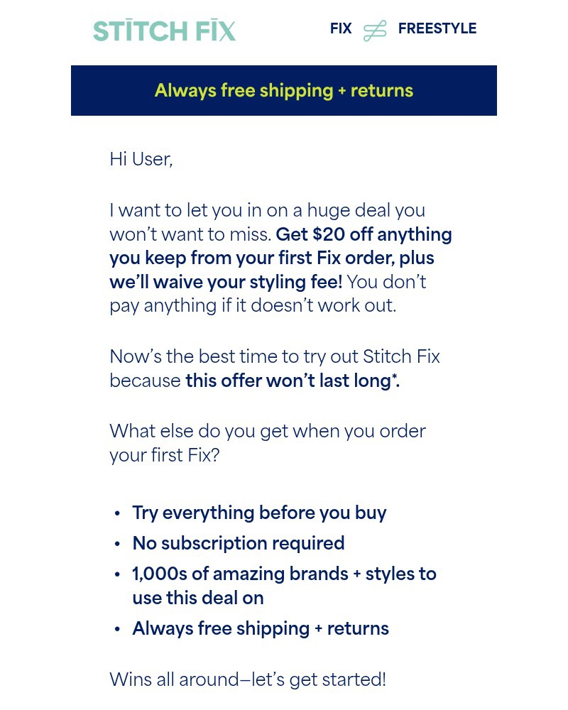 Screenshot of email sent to a Stitch Fix Cart abandoner