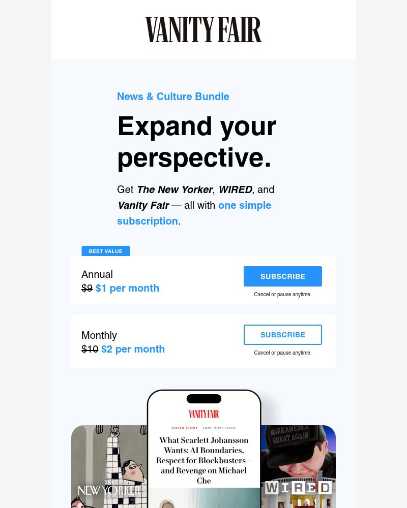 Screenshot of email sent to a Vanity Fair Newsletter subscriber