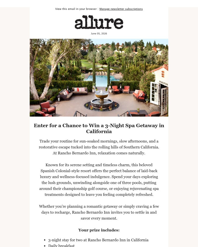 Screenshot of email sent to a allure Newsletter subscriber
