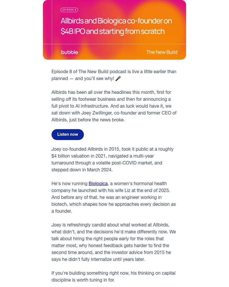 Screenshot of email sent to a Bubble Registered user