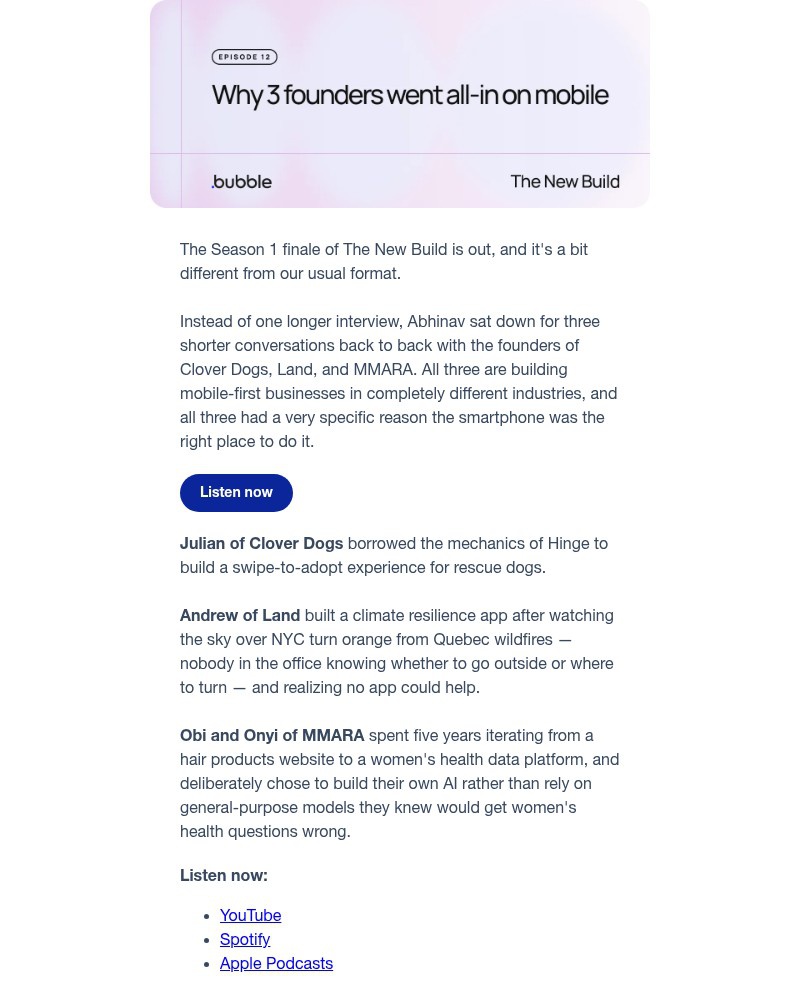 Screenshot of email sent to a Bubble Registered user