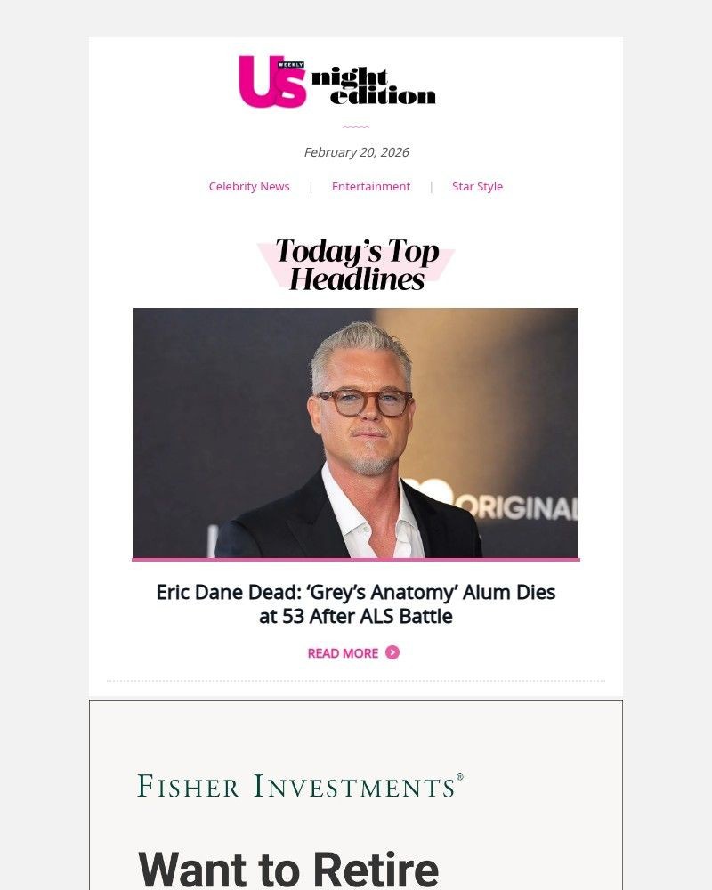 Screenshot of email sent to a Us Weekly Newsletter subscriber