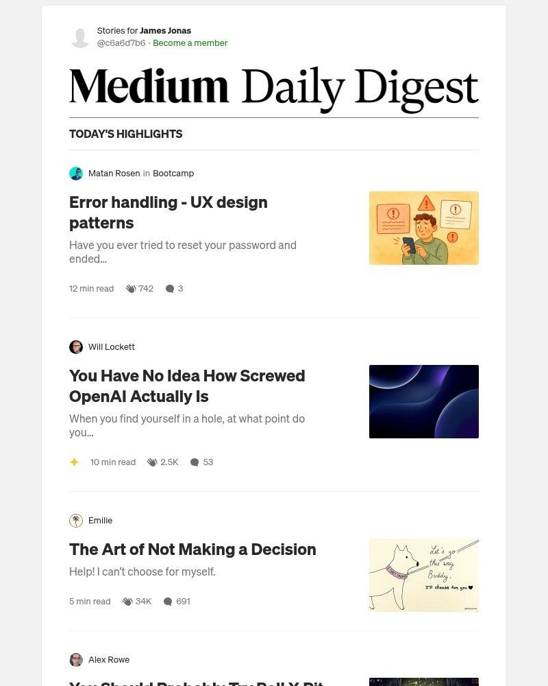 Screenshot of email sent to a Medium Registered user