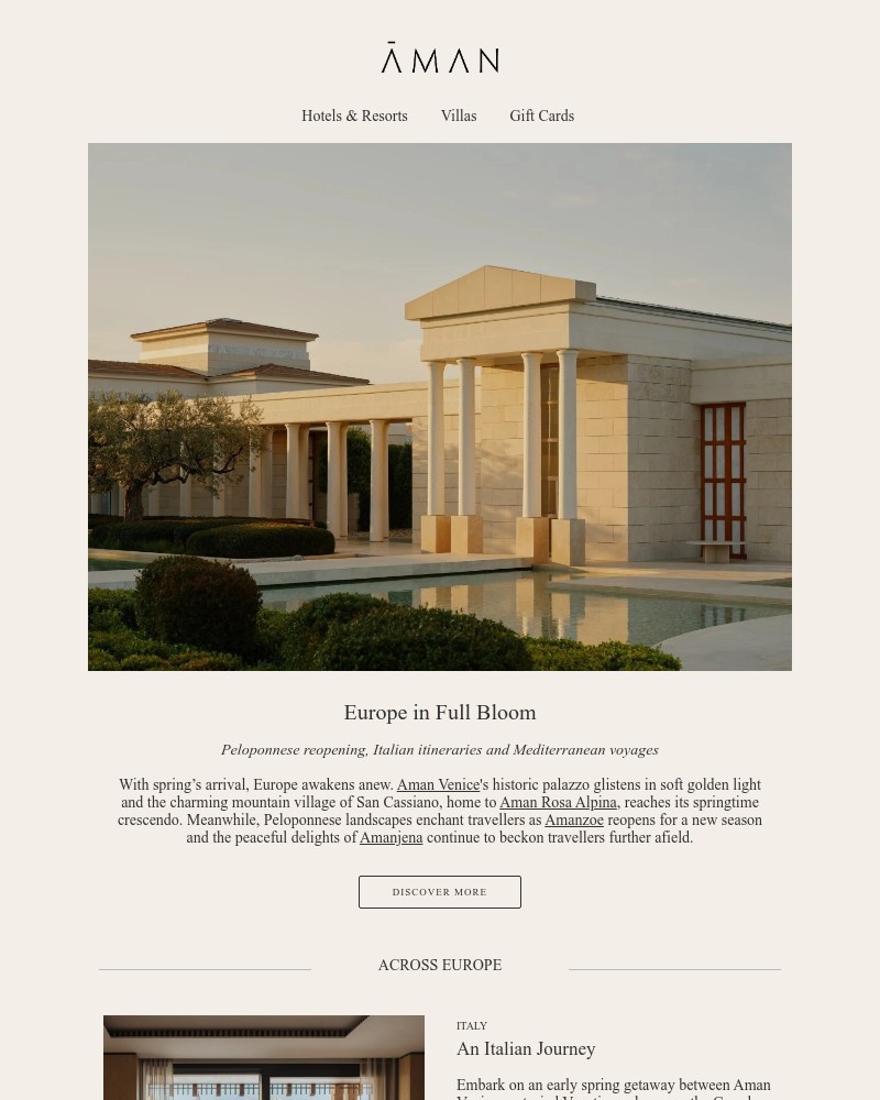 Screenshot of email sent to a Aman Resorts Newsletter subscriber