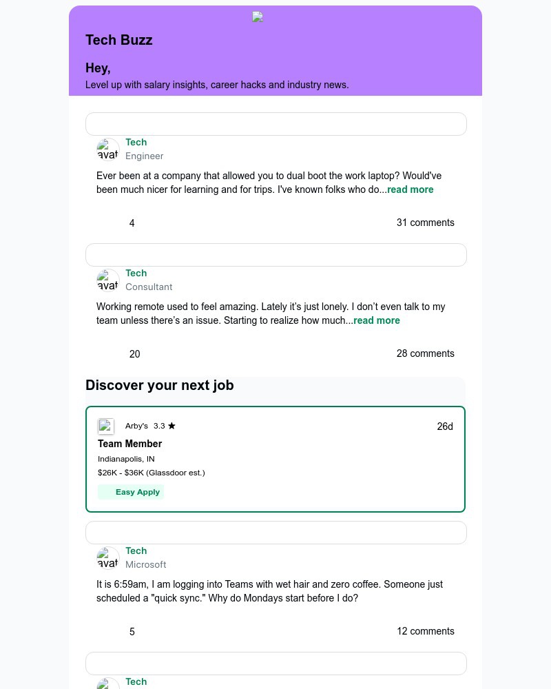 Screenshot of email sent to a Glassdoor Registered user