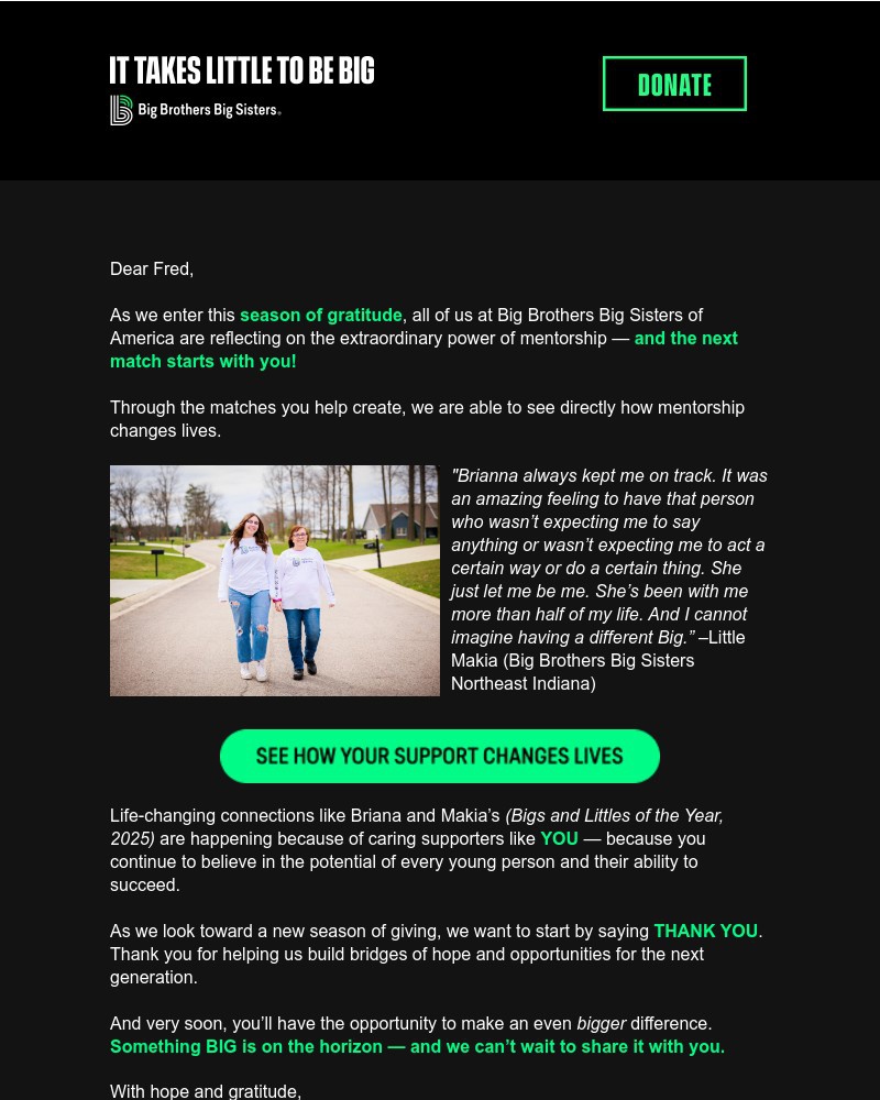 Screenshot of email sent to a Big Brothers Big Sisters of America Newsletter subscriber