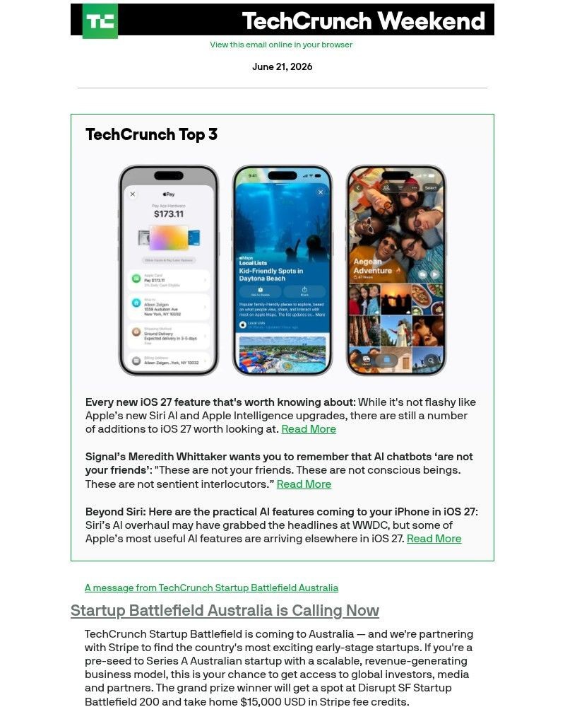 Screenshot of email sent to a Techcrunch Newsletter subscriber