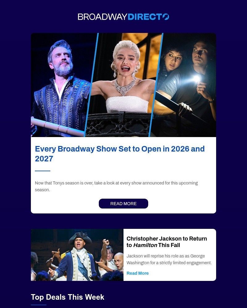 Screenshot of email sent to a Broadway Direct Newsletter subscriber