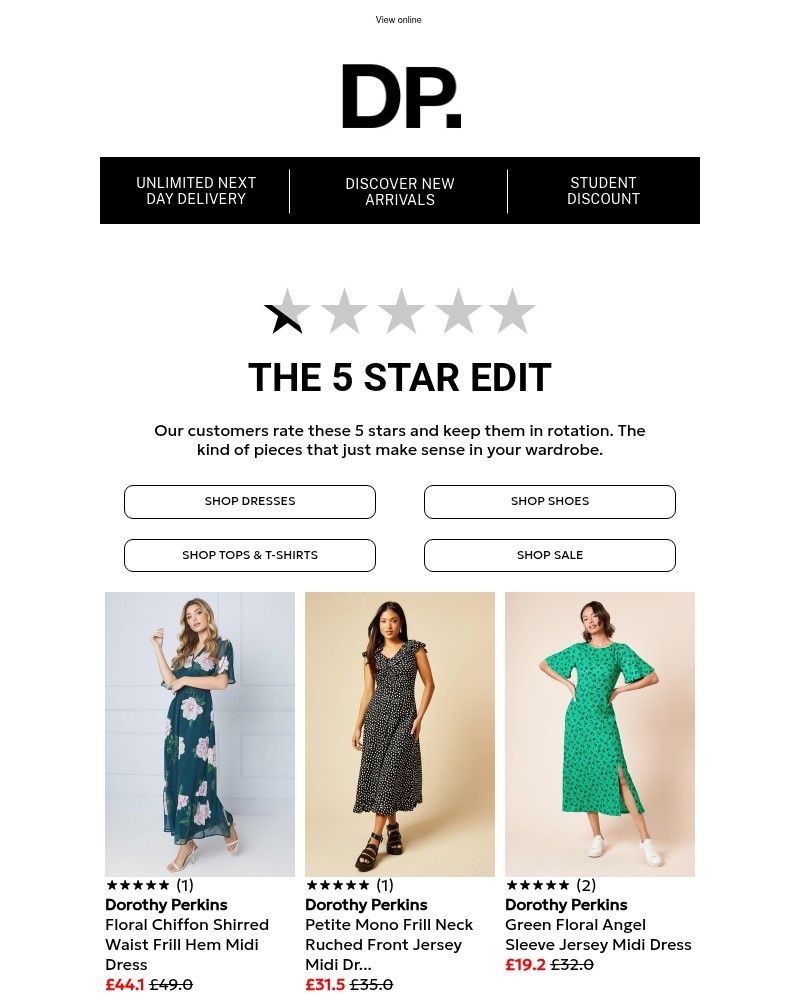 Screenshot of email sent to a Dorothy Perkins Newsletter subscriber