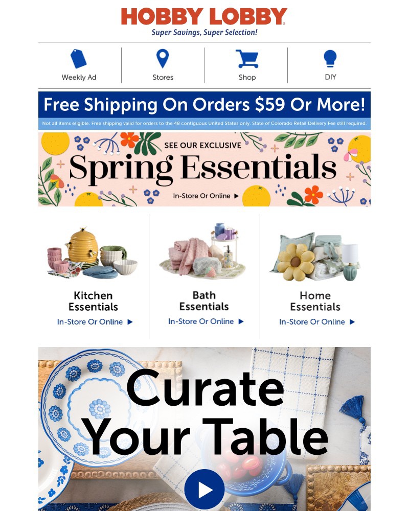 Screenshot of email sent to a Hobby Lobby Newsletter subscriber