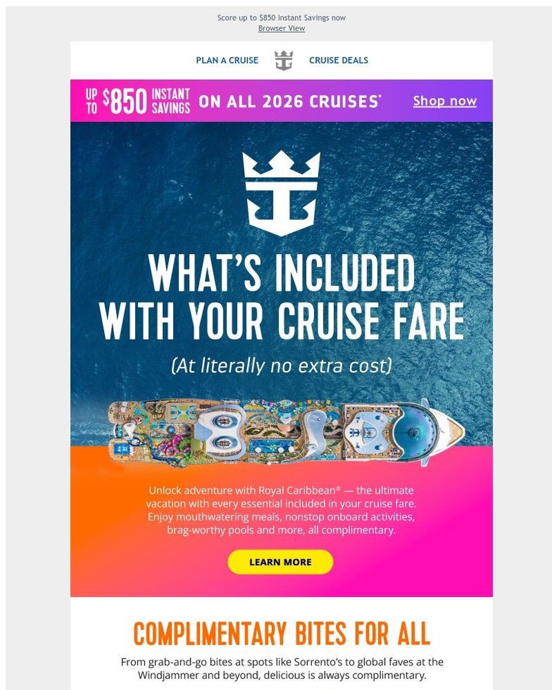 Screenshot of email sent to a Royal Caribbean Cruises Newsletter subscriber