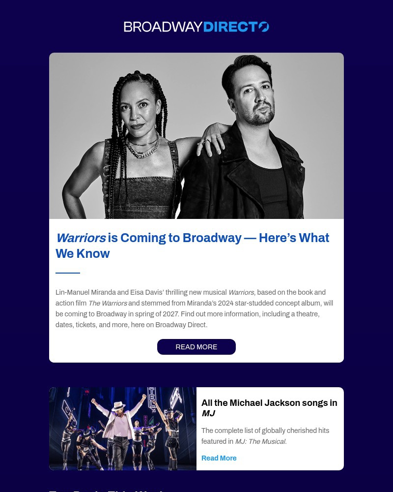 Screenshot of email sent to a Broadway Direct Newsletter subscriber