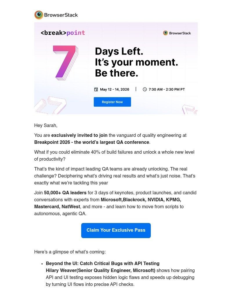 Screenshot of email sent to a BrowserStack Trial user