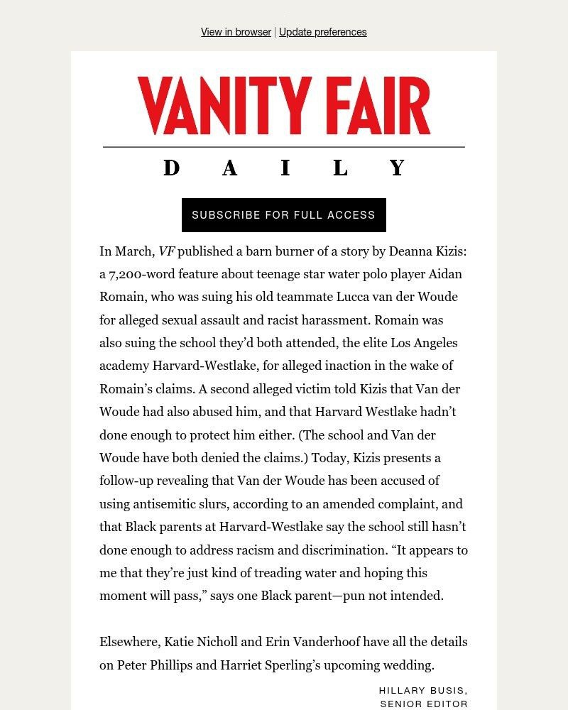 Screenshot of email sent to a Vanity Fair Newsletter subscriber