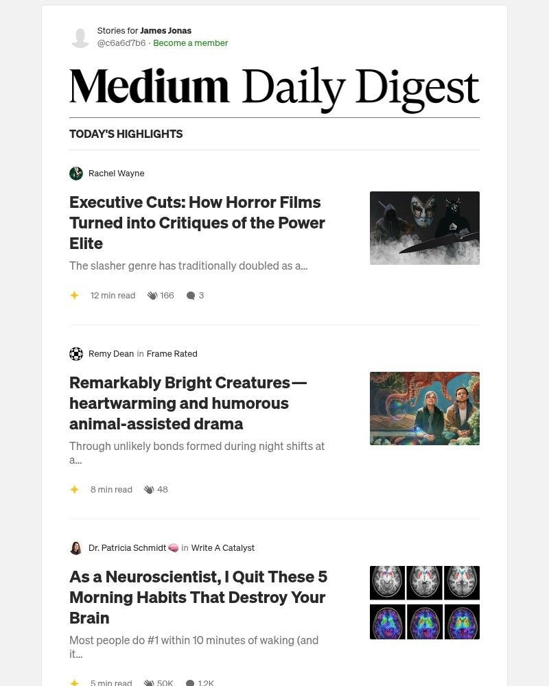 Screenshot of email sent to a Medium Registered user