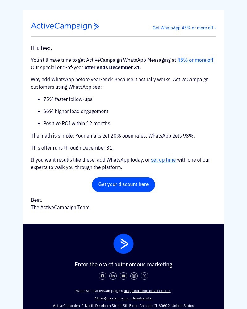 Screenshot of email sent to a ActiveCampaign Customer