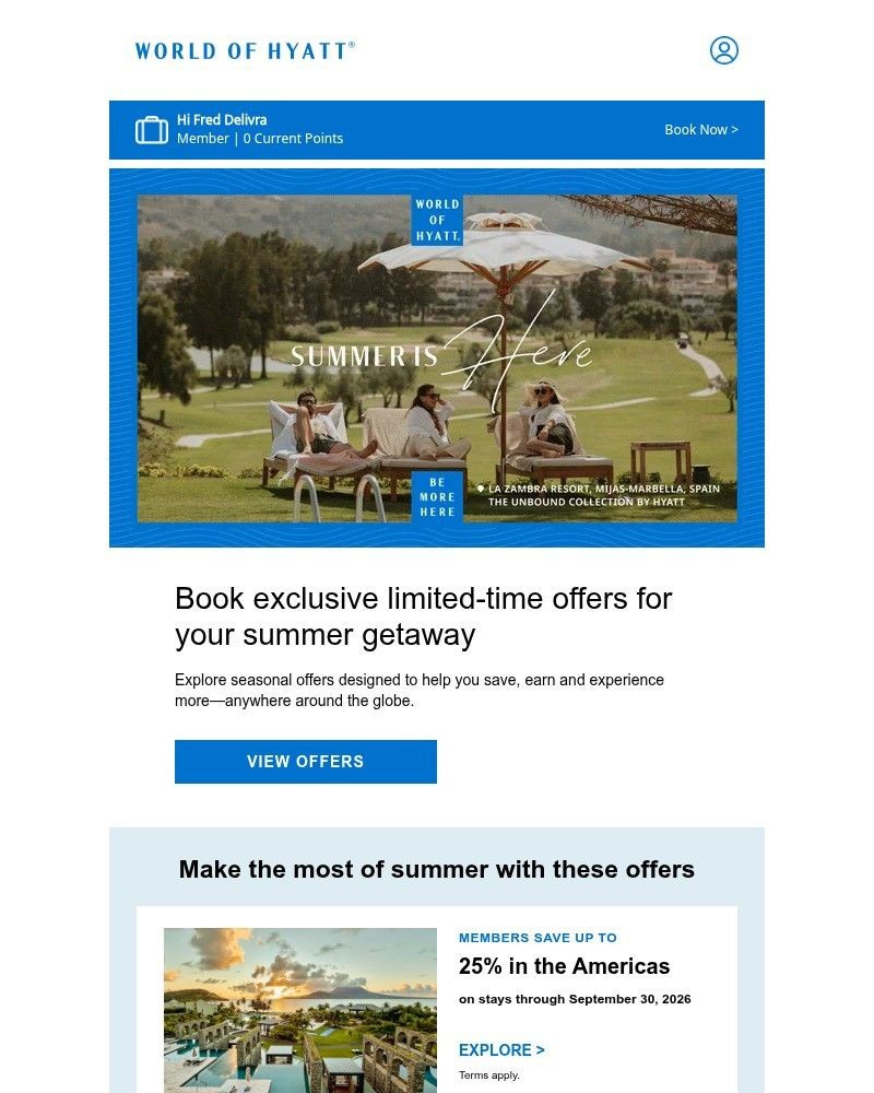 Screenshot of email sent to a Hyatt Hotels and Resorts Registered user