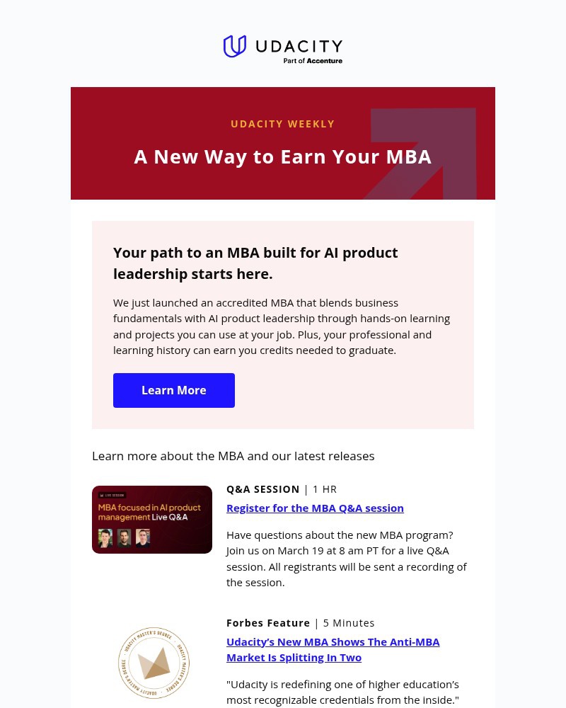 Screenshot of email sent to a Udacity Registered user