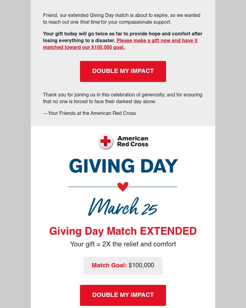 Screenshot of email sent to a American Red Cross Newsletter subscriber