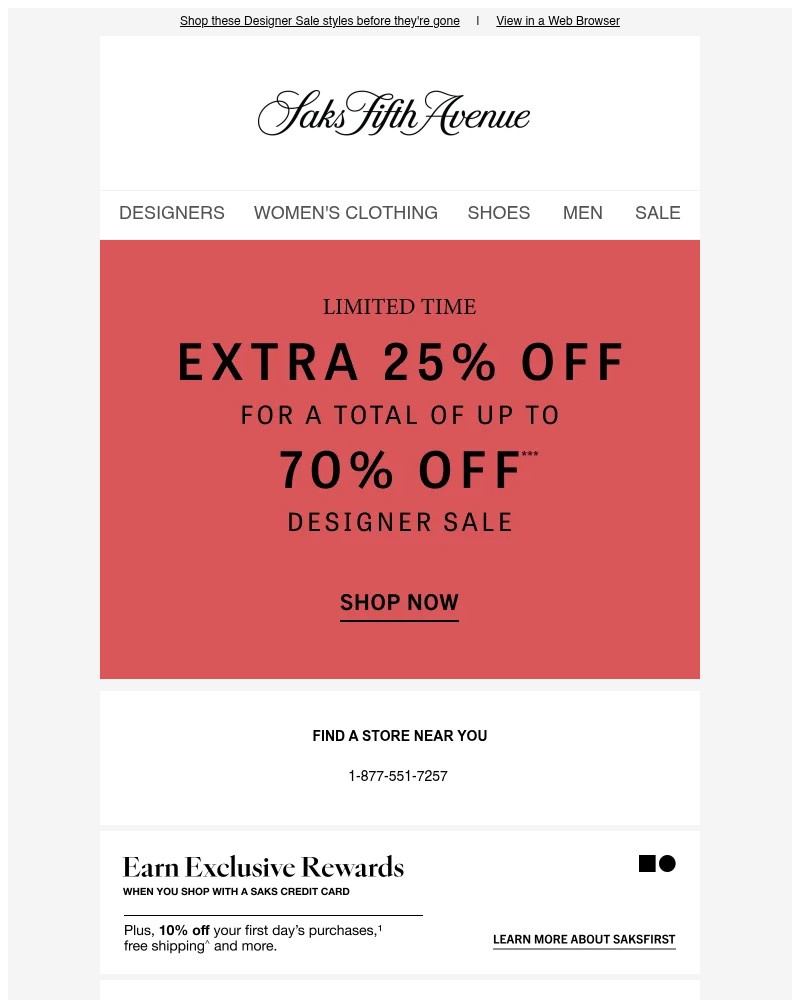 Screenshot of email sent to a Saks Fifth Avenue Newsletter subscriber
