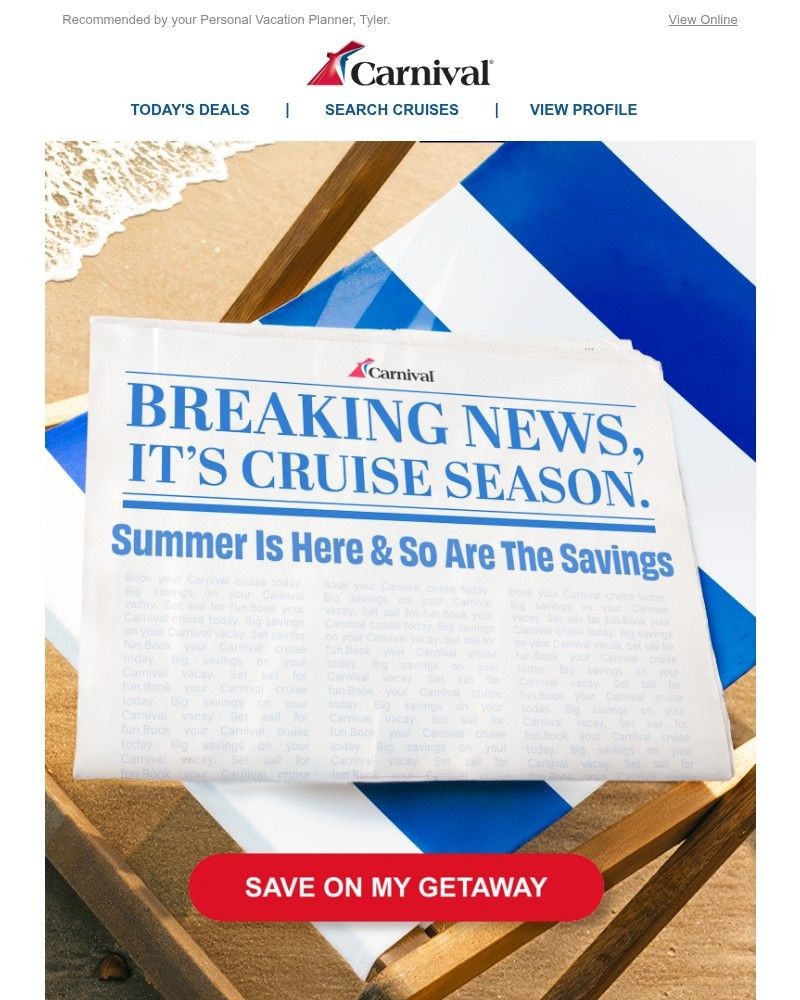 Screenshot of email sent to a Carnival Cruise Line Registered user