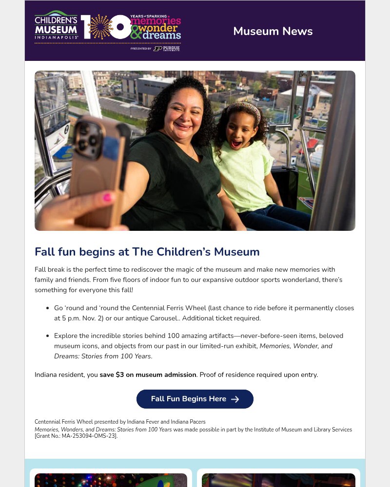 Screenshot of email sent to a The Children’s Museum of Indianapolis Newsletter subscriber