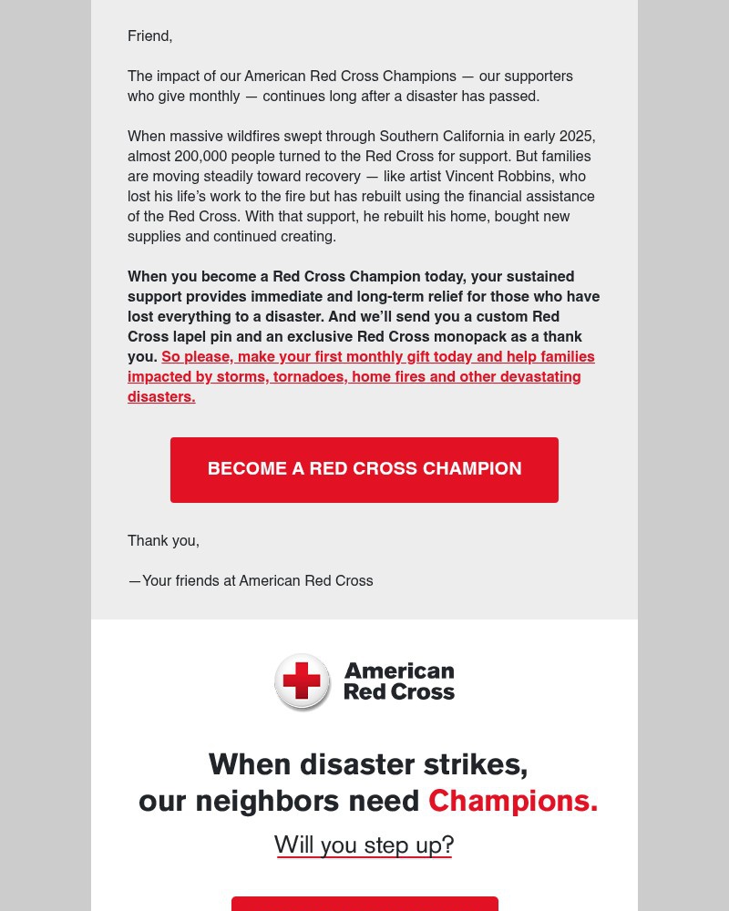 Screenshot of email sent to a American Red Cross Newsletter subscriber