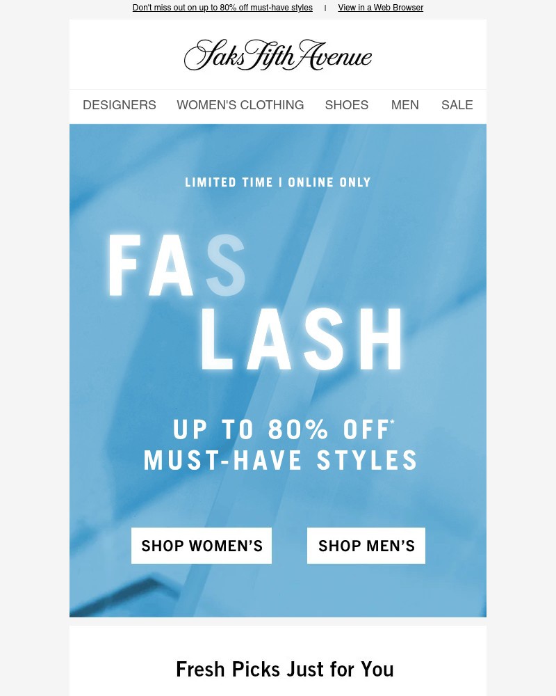 Screenshot of email sent to a Saks Fifth Avenue Newsletter subscriber