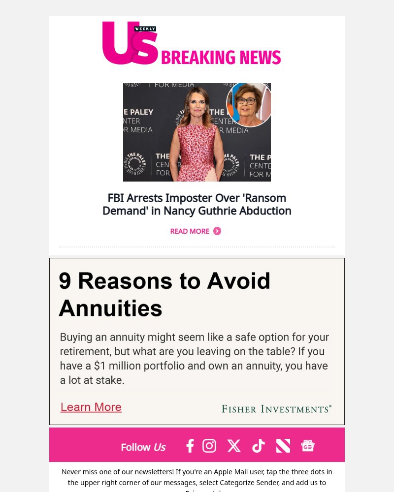 Screenshot of email sent to a Us Weekly Newsletter subscriber