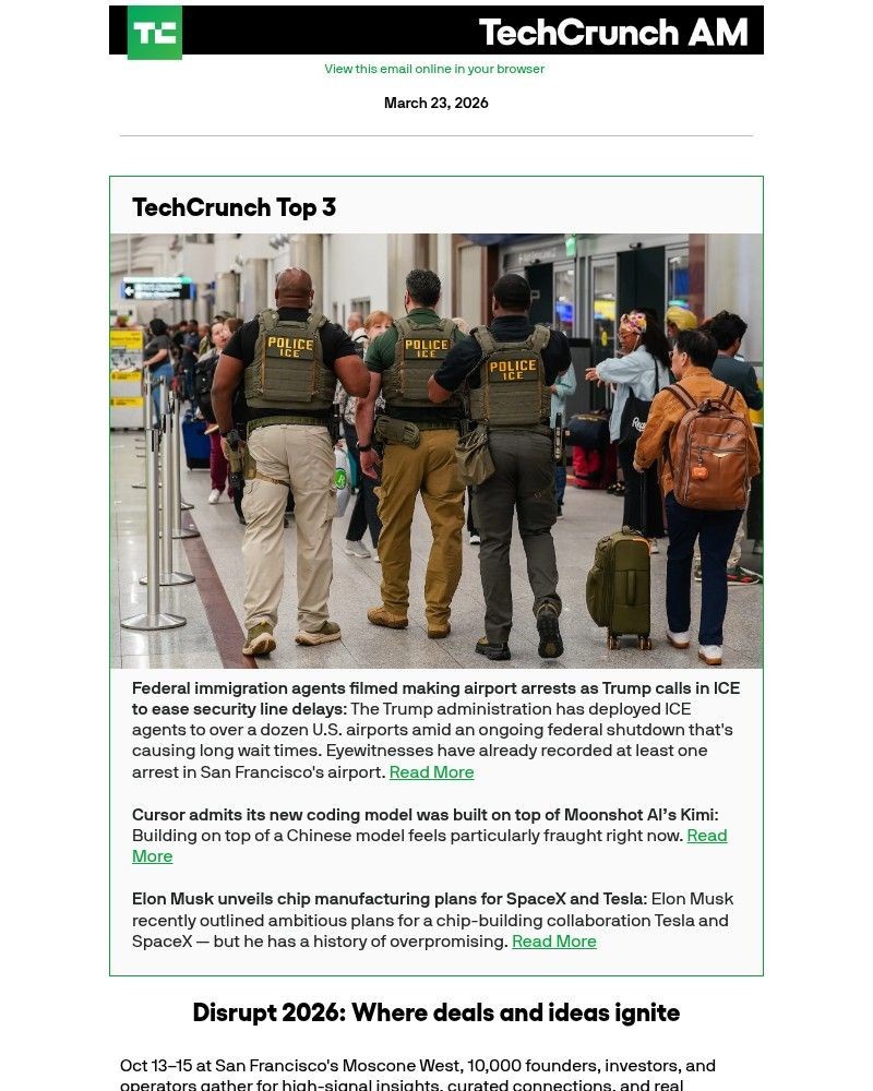 Screenshot of email sent to a Techcrunch Newsletter subscriber