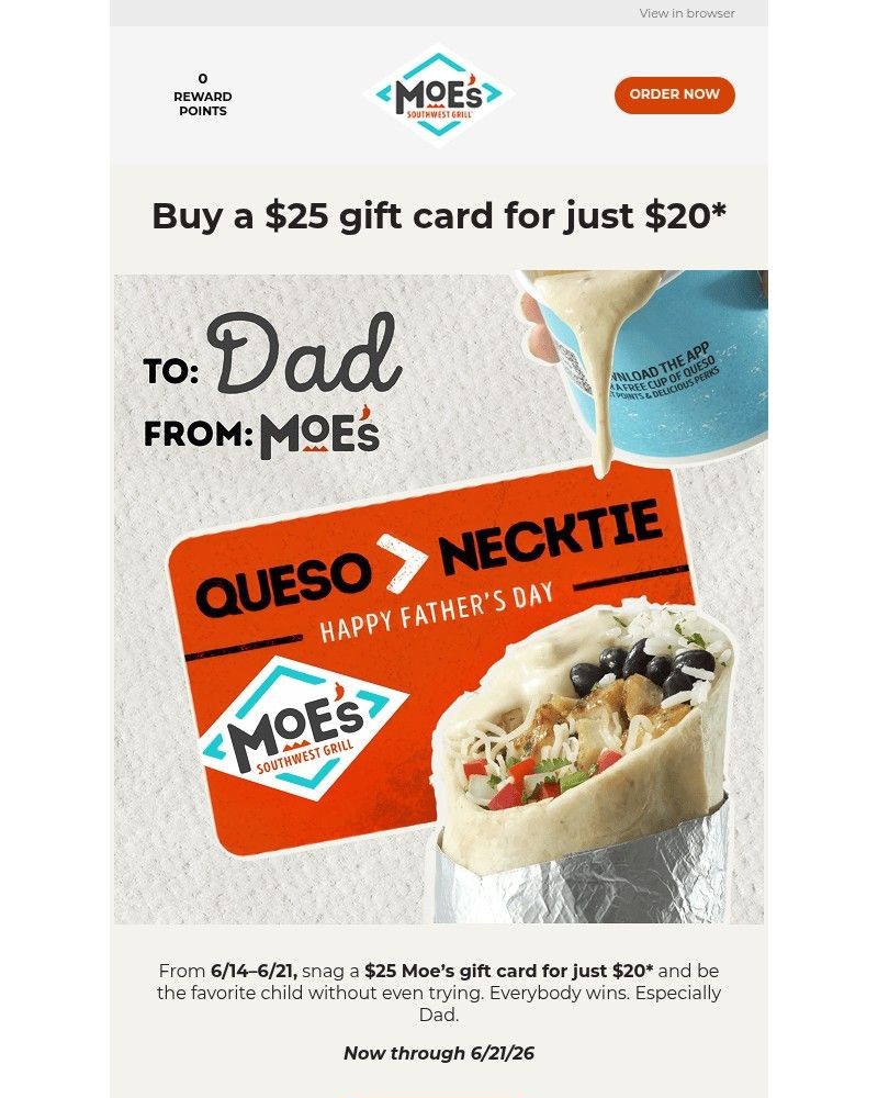 Screenshot of email sent to a Moe’s Southwest Grill Registered user