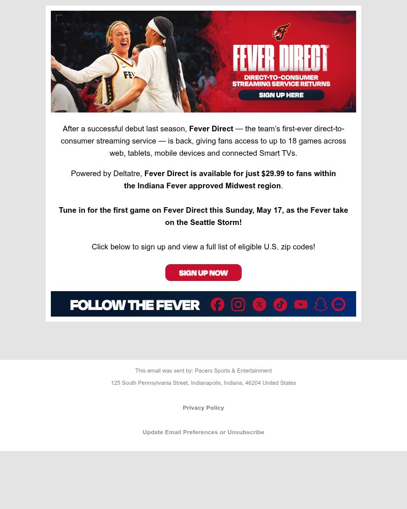 Screenshot of email sent to a Indiana Fever Newsletter subscriber