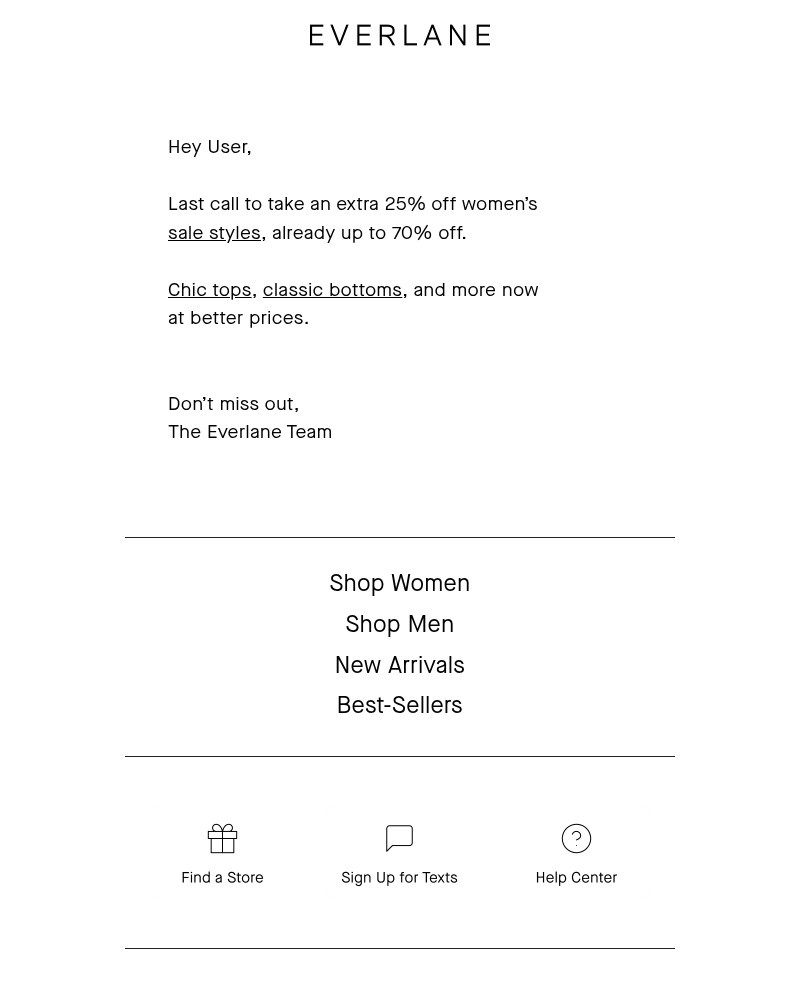 Screenshot of email sent to a Everlane Registered user