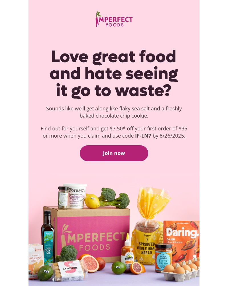 Screenshot of email sent to a Imperfect Foods Registered user