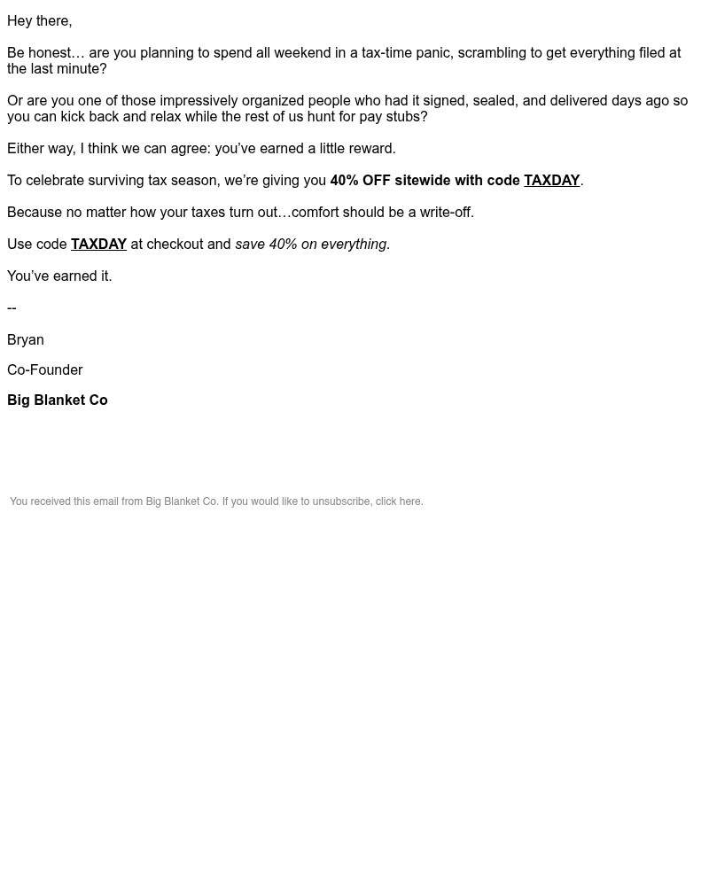 Screenshot of email sent to a Big Blanket Co. Newsletter subscriber