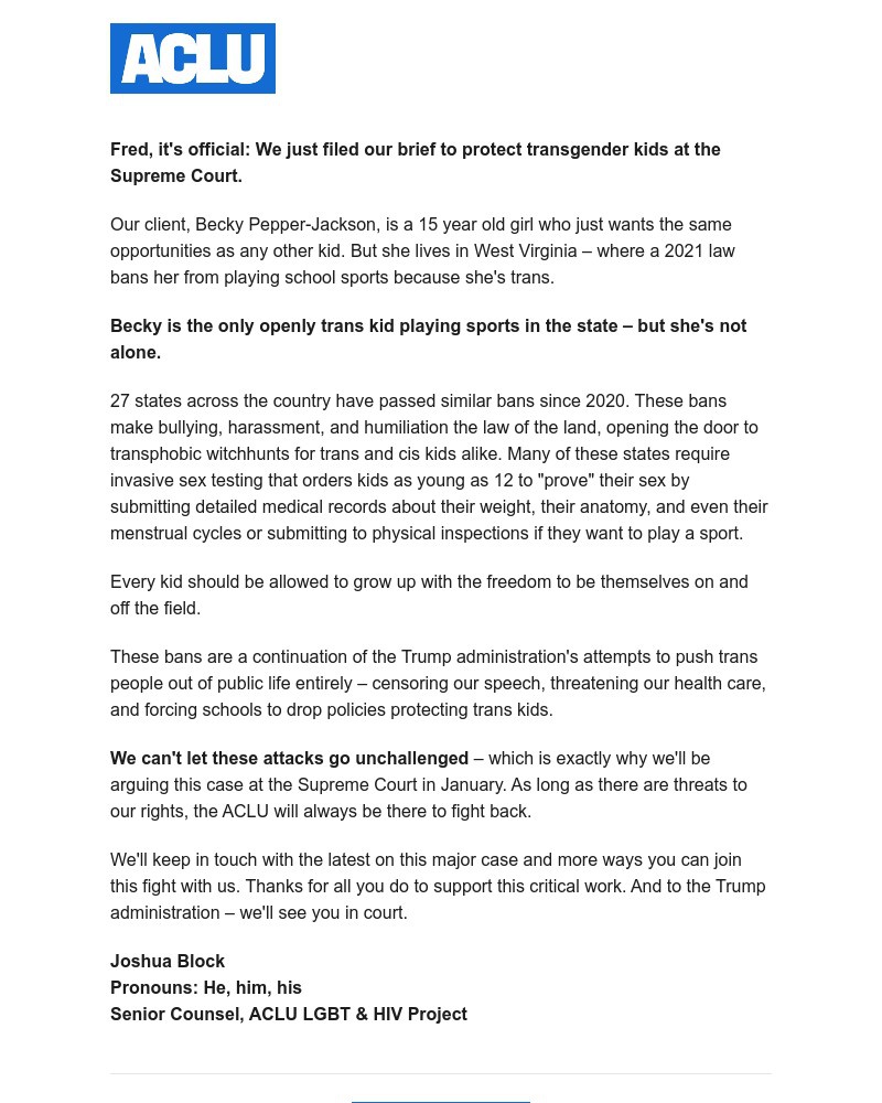 Screenshot of email sent to a American Civil Liberties Union Newsletter subscriber