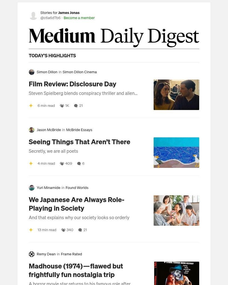 Screenshot of email sent to a Medium Registered user