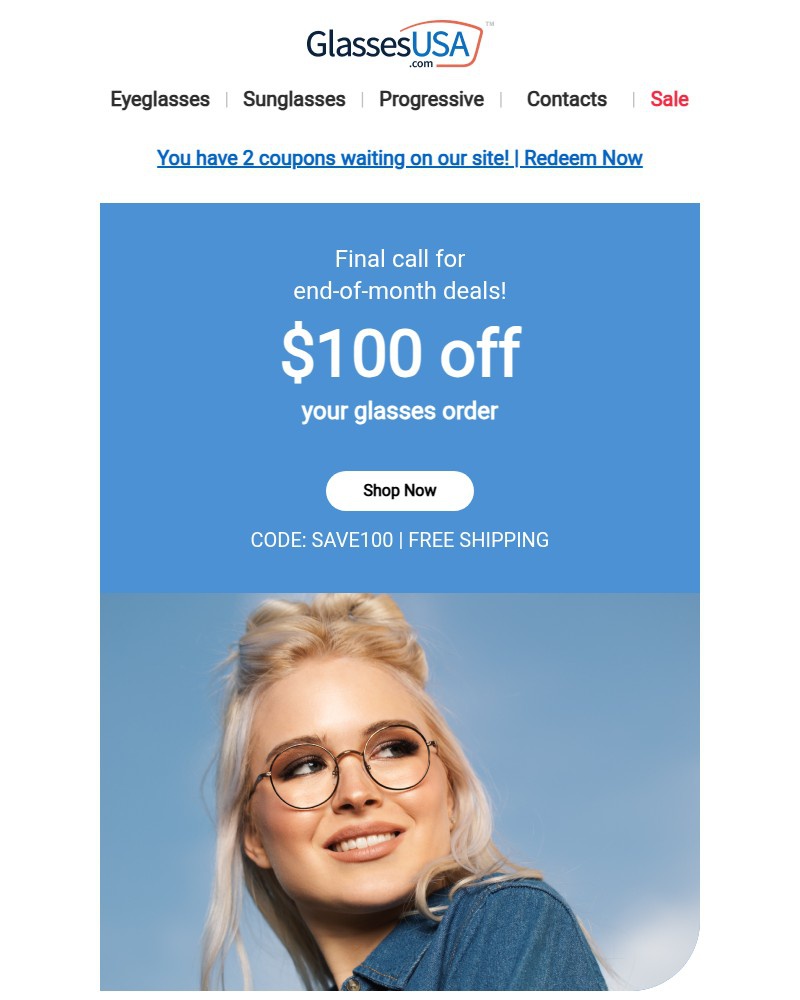 Screenshot of email sent to a Glasses USA Newsletter subscriber