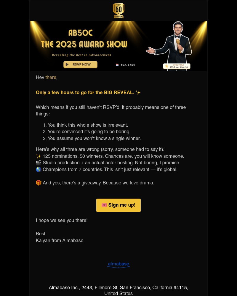 Screenshot of email sent to a Almabase Newsletter subscriber